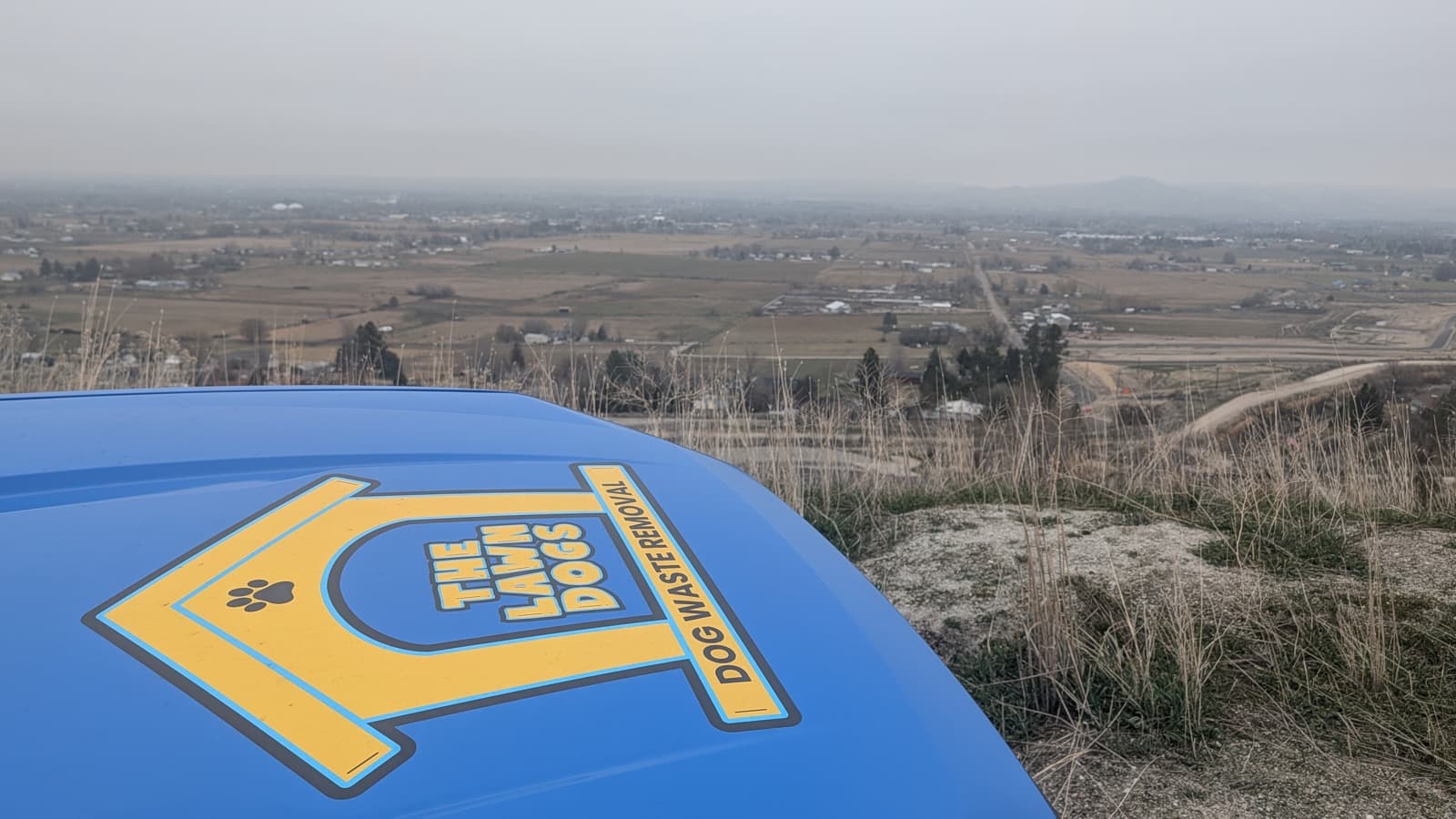 The Lawn Dogs doghouse logo on a truck hood, with the Emmett valley farmland and foothills beyond