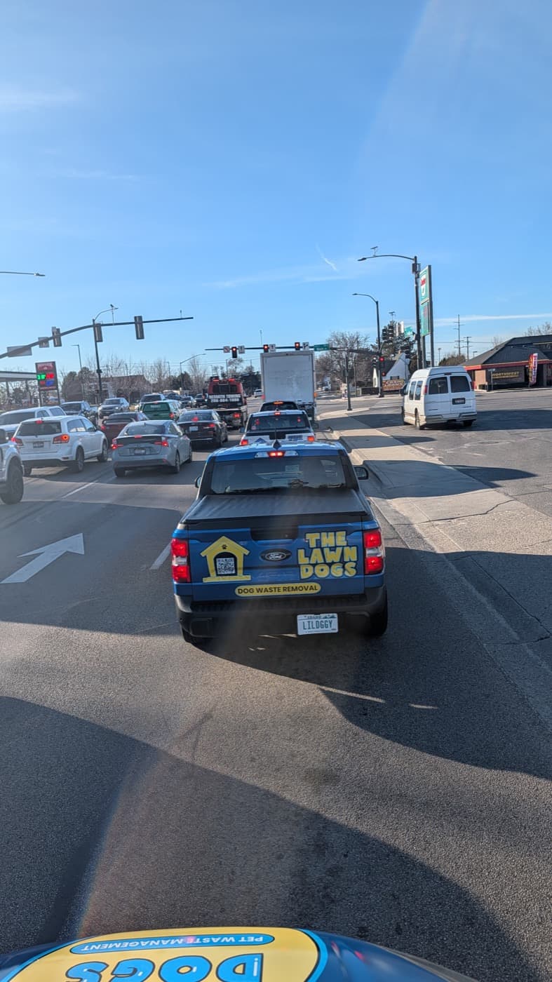 A wrapped Lawn Dogs truck waiting at a Treasure Valley intersection, photographed from the sunroof of a second company truck behind it