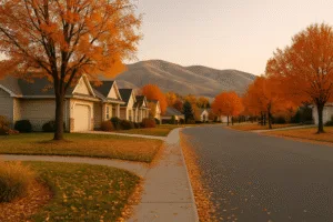 Boise Idaho neighborhood during fall, symbolizing the shift from lawn mowing to winter dog poop removal service by The Lawn Dogs.